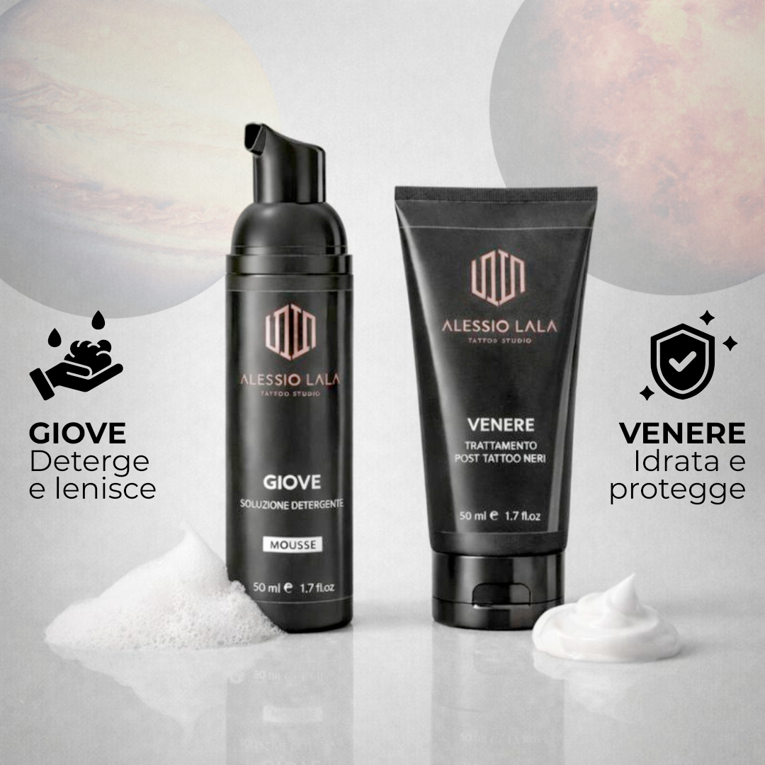 Kit Cura Tatuaggio Professionale – Crema Post Tattoo Venere e Mousse Detergente Giove Alessio Lala